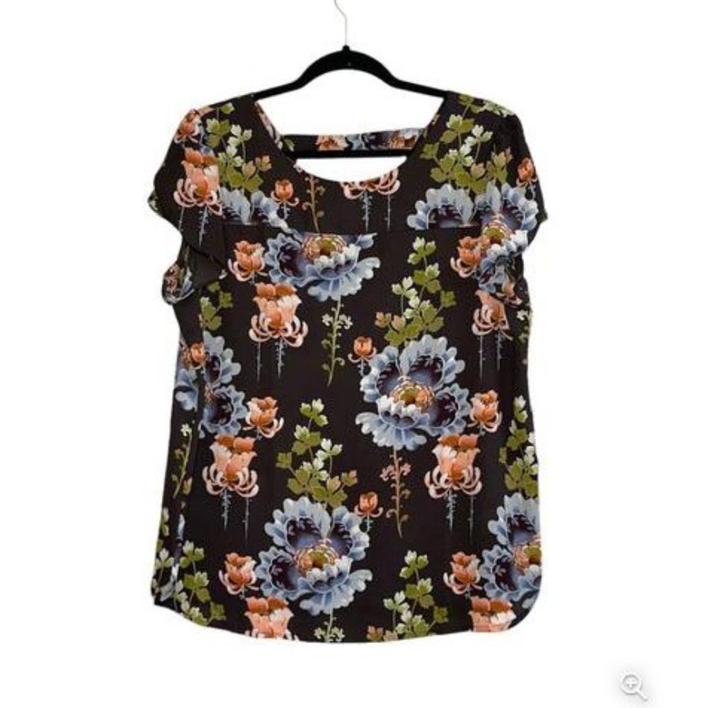 Loft Black & Multicolor Floral Print Ruffle Sleeve Open Back Blouse, size S